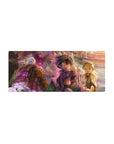 Anime mouse pad 28x12 inches featuring tiny helmeted explorers and fluffy creatures in a canyon scene.