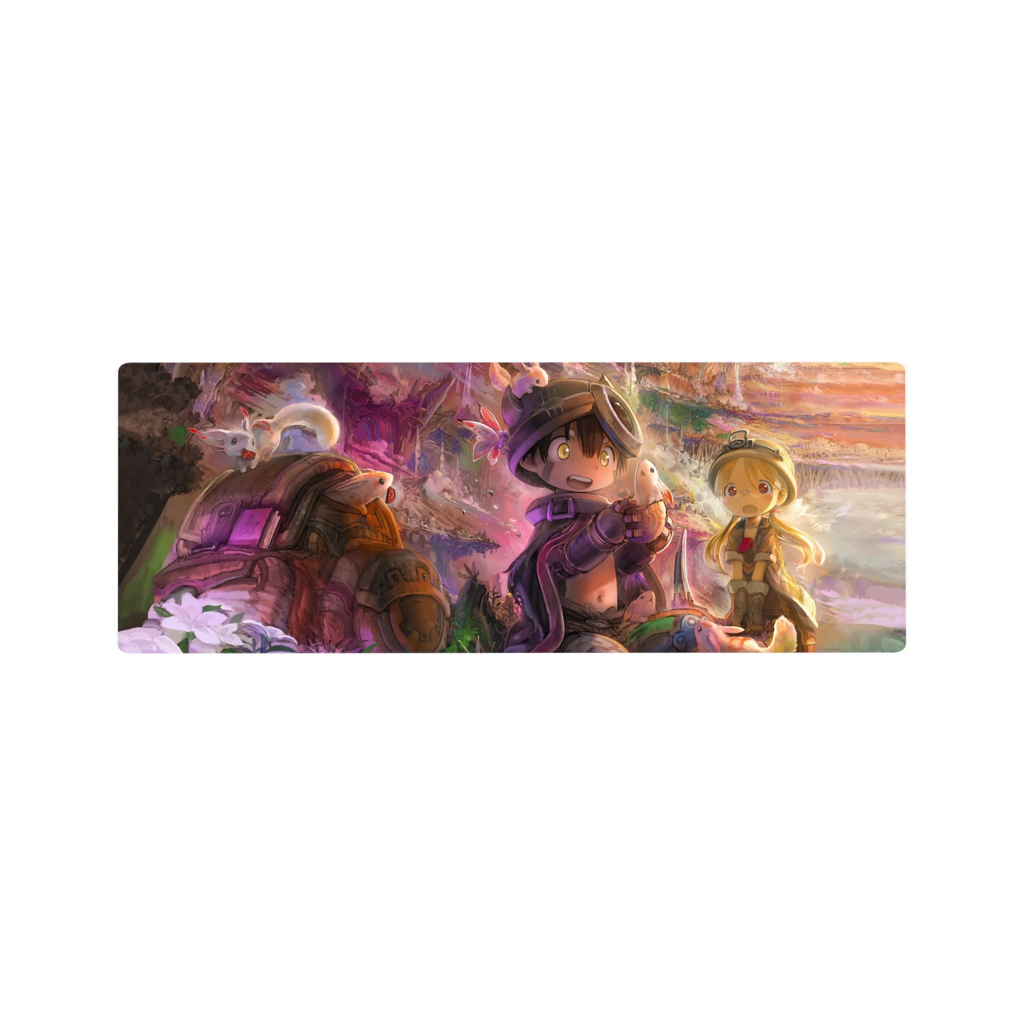32x12 inches anime mouse pad with canyon explorers, fluffy creatures, helmets, goggles, and rugged details.