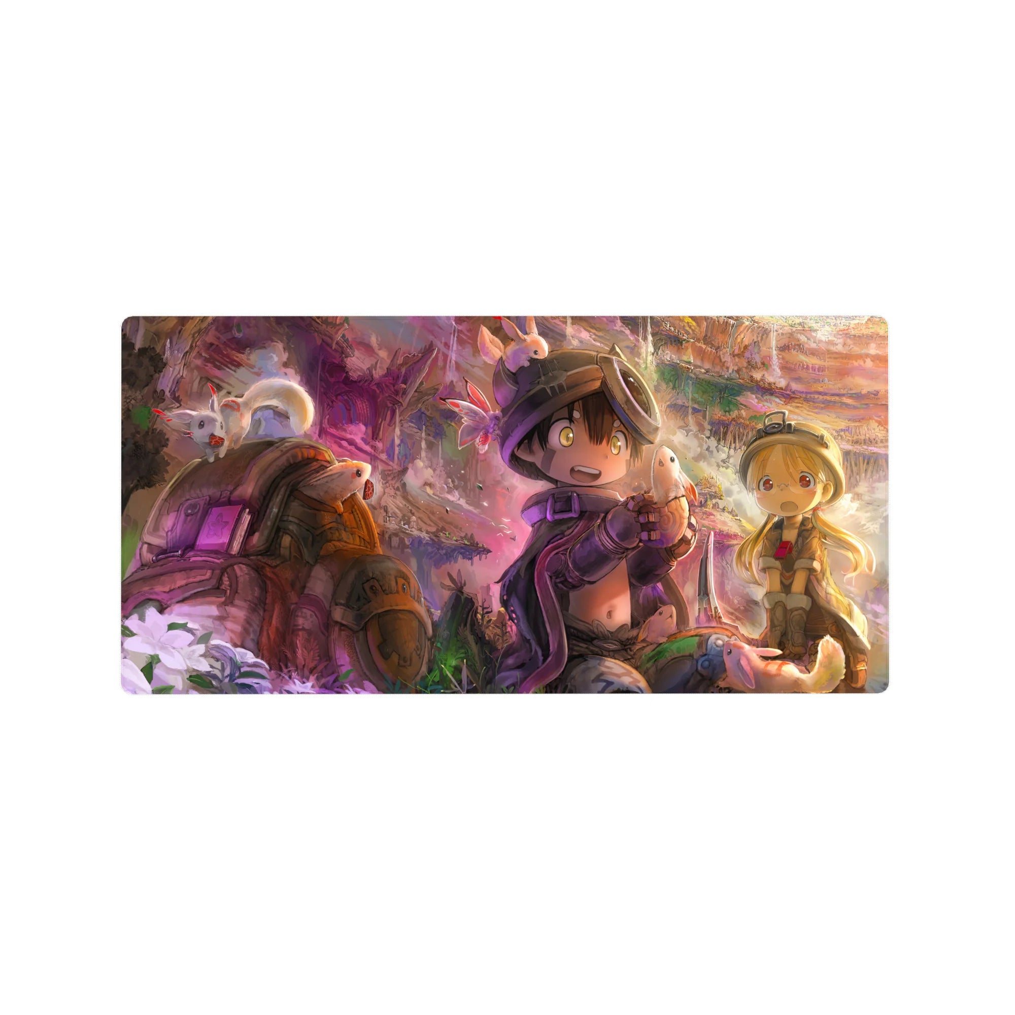 32x16 inches anime mouse pad with canyon explorers in big helmets meeting fluffy creatures, detailed scene.