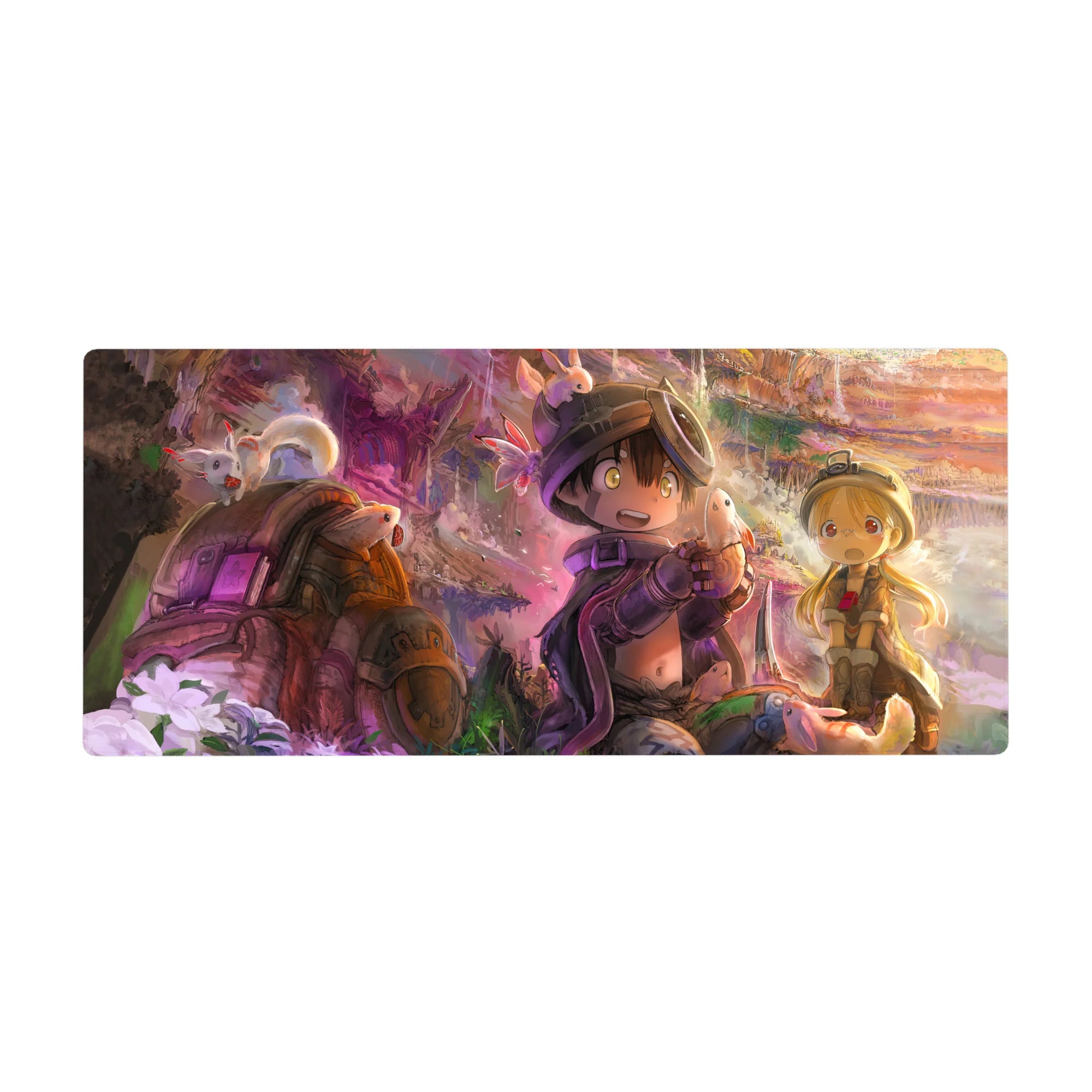36x16 inches anime desk pad with canyon explorers in oversized helmets meeting fluffy creatures.