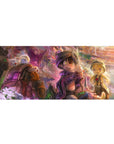 36x16 inches anime desk pad with canyon explorers in oversized helmets meeting fluffy creatures.