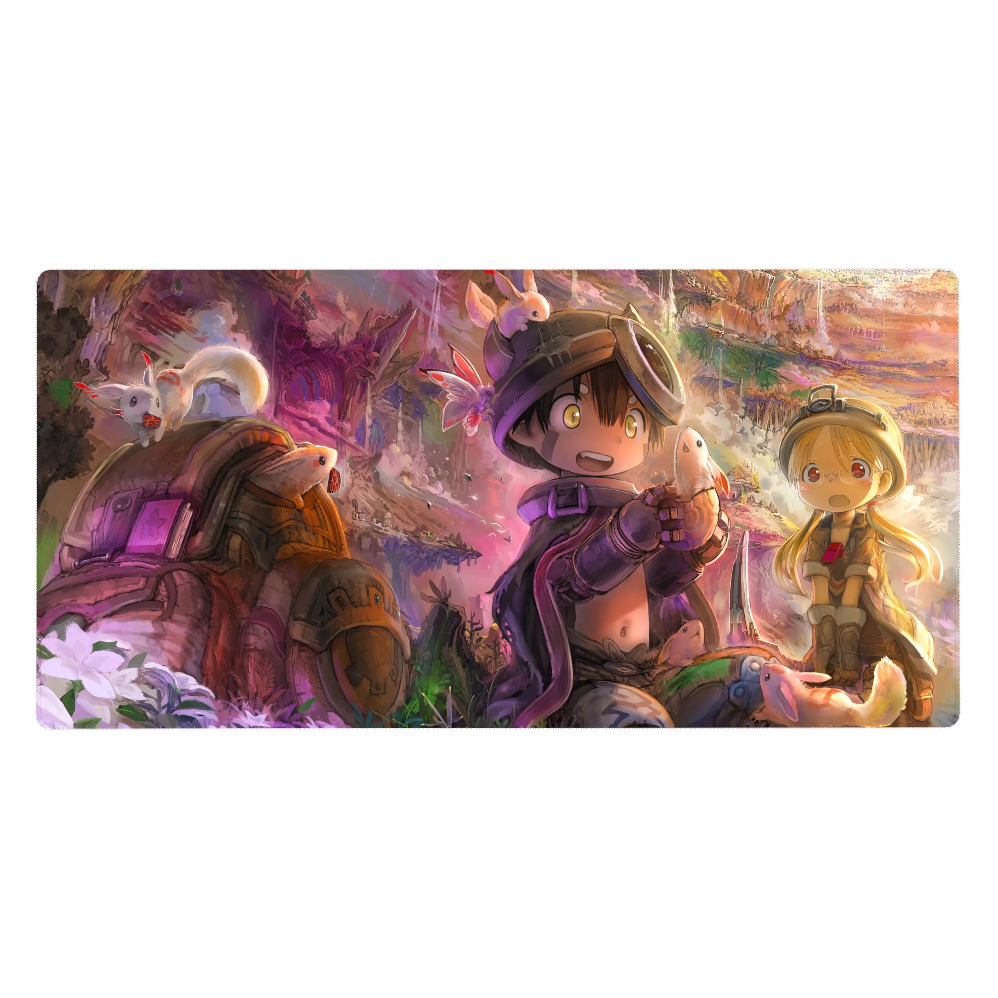 Anime desk pad 40x20 inches with canyon explorers, fluffy creatures, helmets, goggles, and rugged details.