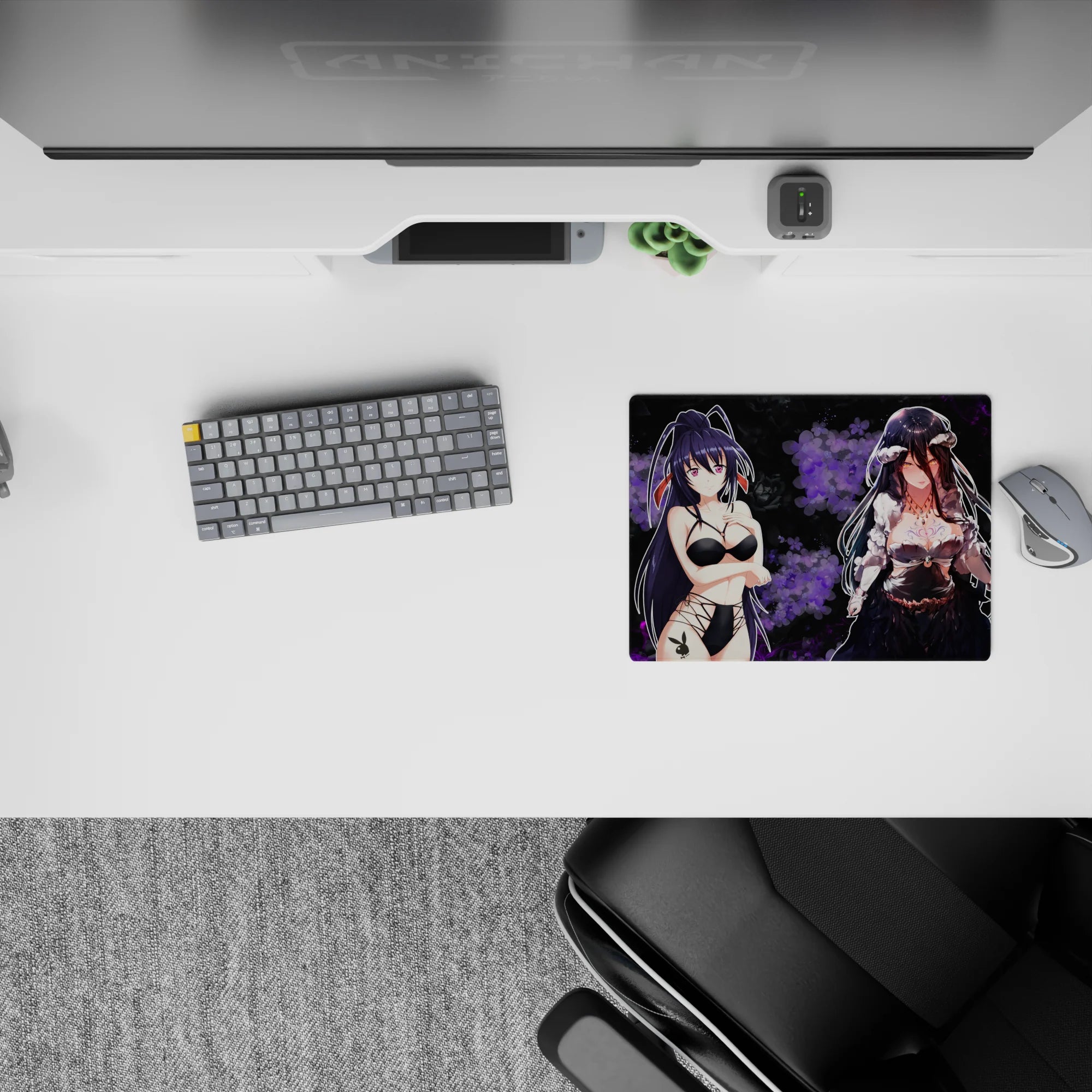 Late-night lounge anime mouse pad 14x10 inches in velvety black with smoky violet flowers and glossy highlights.