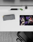 Late-night lounge anime mouse pad 14x10 inches in velvety black with smoky violet flowers and glossy highlights.