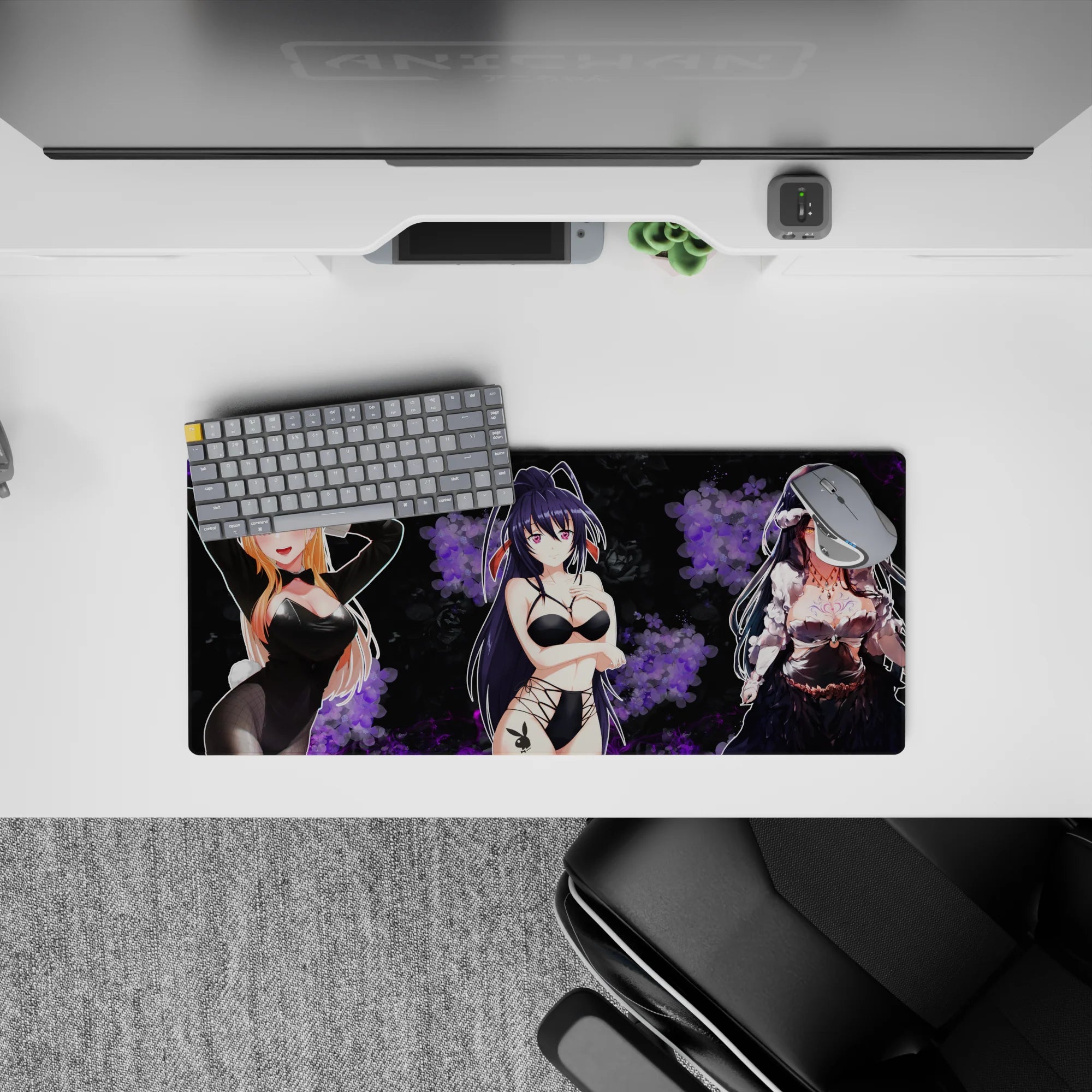 28x12 inches anime mouse pad in velvety black with smoky violet flowers, late-night lounge vibe and shine.