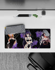 28x12 inches anime mouse pad in velvety black with smoky violet flowers, late-night lounge vibe and shine.