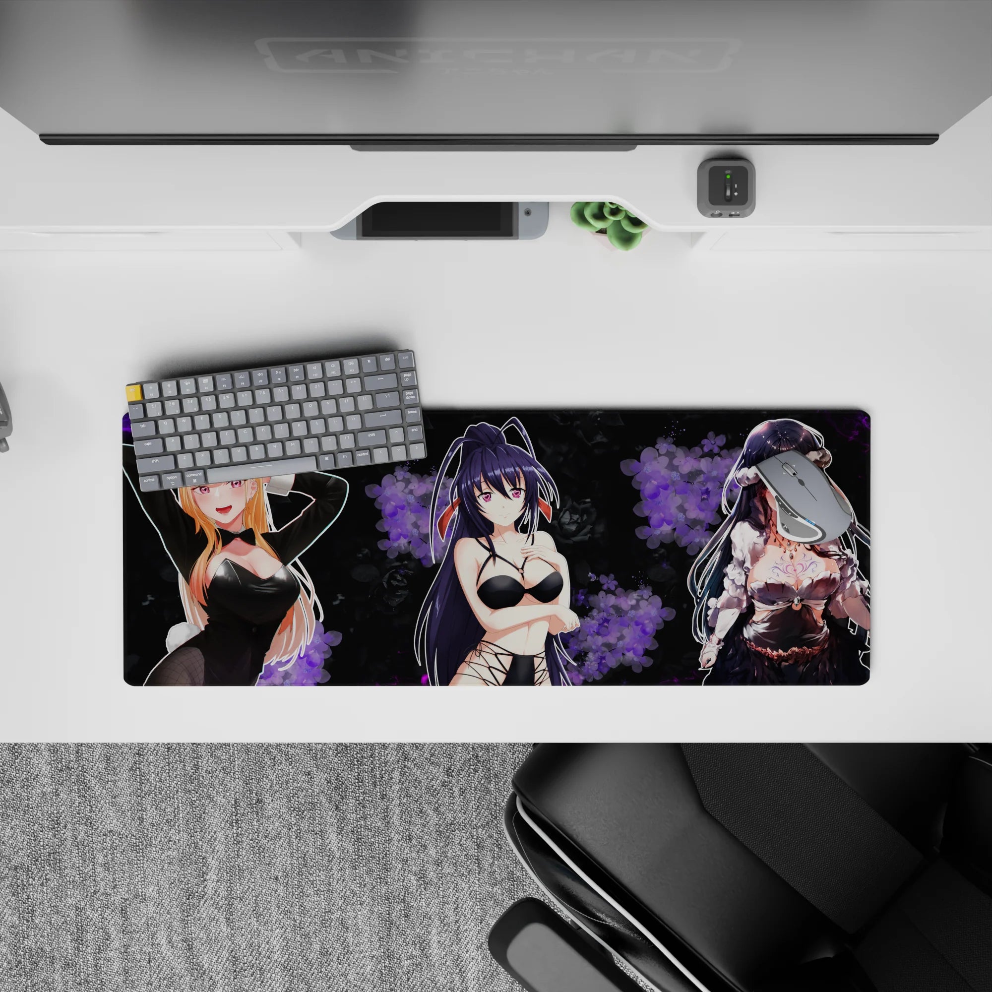 32x12 inches anime desk mat in velvety black with smoky violet florals and glossy highlights, late-night lounge mood.