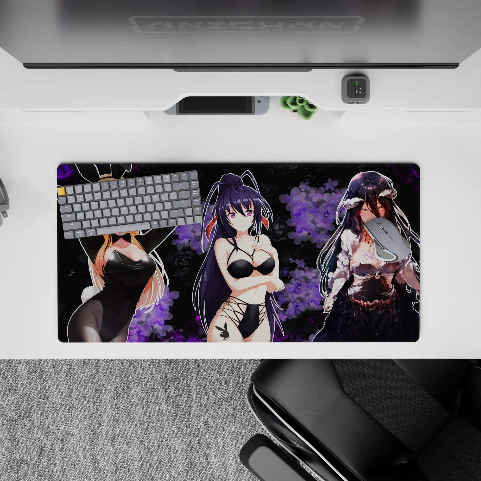 32x16 inches anime mouse pad in velvety black with smoky violet flowers, glossy highlights, late-night vibe.