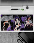 32x16 inches anime mouse pad in velvety black with smoky violet flowers, glossy highlights, late-night vibe.