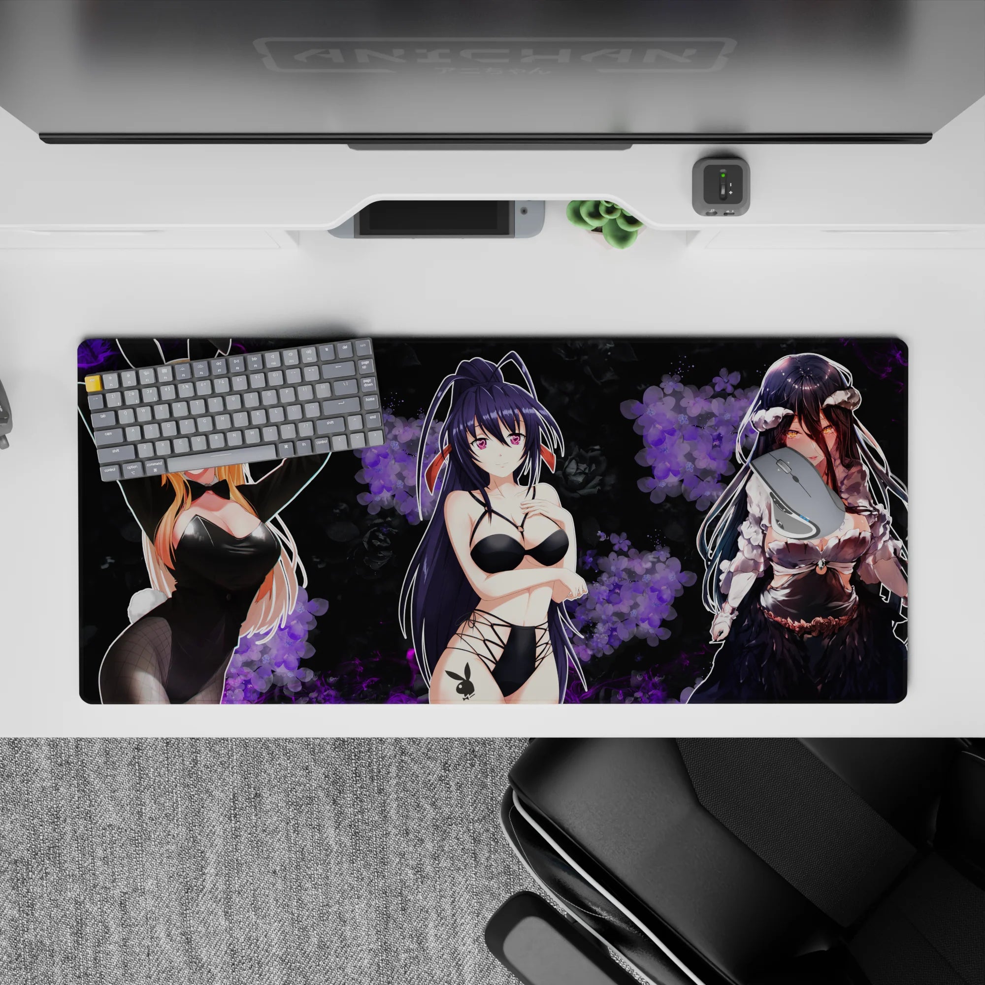 Late-night lounge anime desk pad 36x16 inches in velvety blacks with smoky violet flowers and glossy highlights.