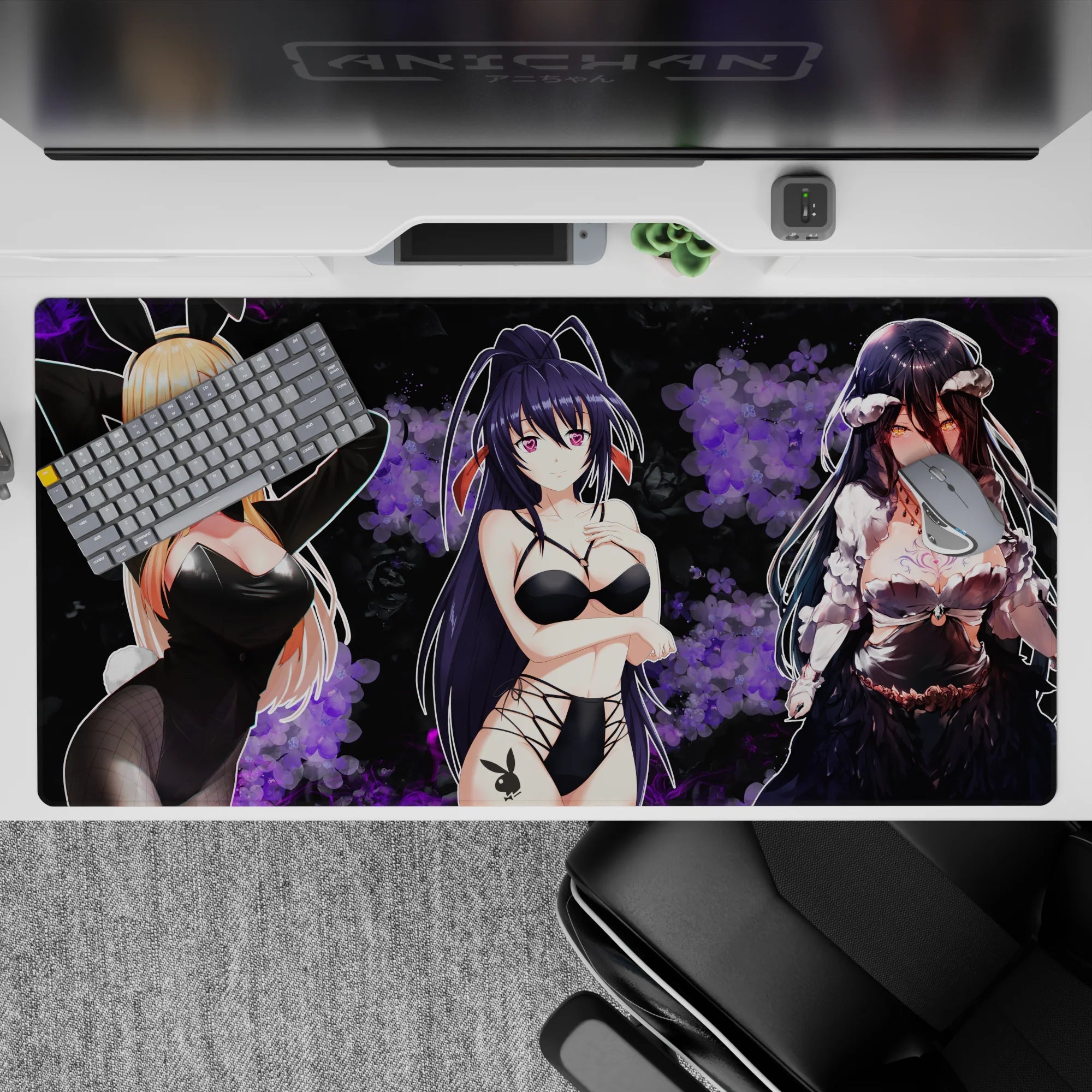 Anime girl desk pad 40x20 inches in velvety black with smoky violet flowers and late-night lounge mood.