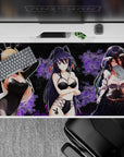 Anime girl desk pad 40x20 inches in velvety black with smoky violet flowers and late-night lounge mood.