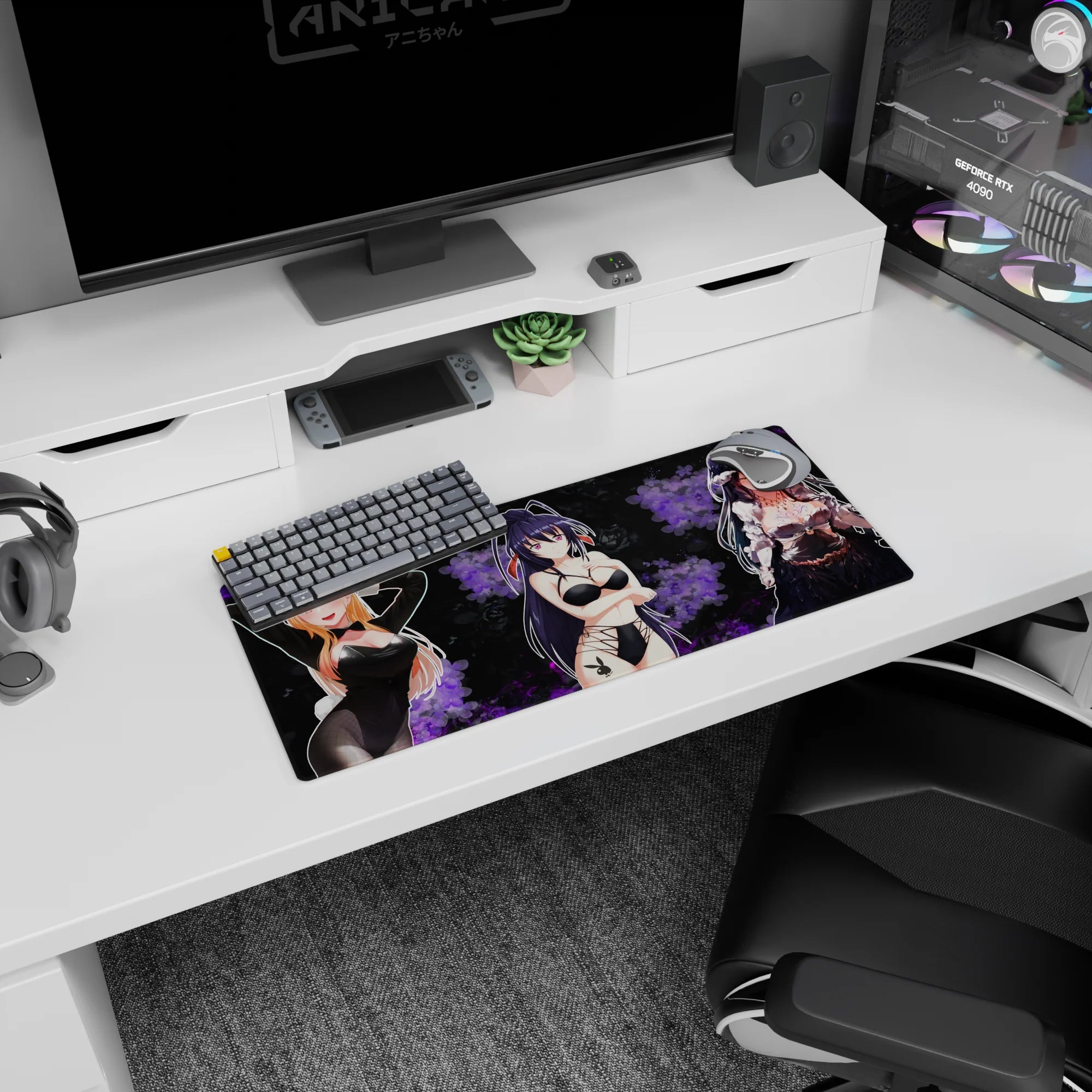 28x12 inches anime girl mouse pad showing blonde bunny-suit girl with two gothic friends in a shadowy scene.