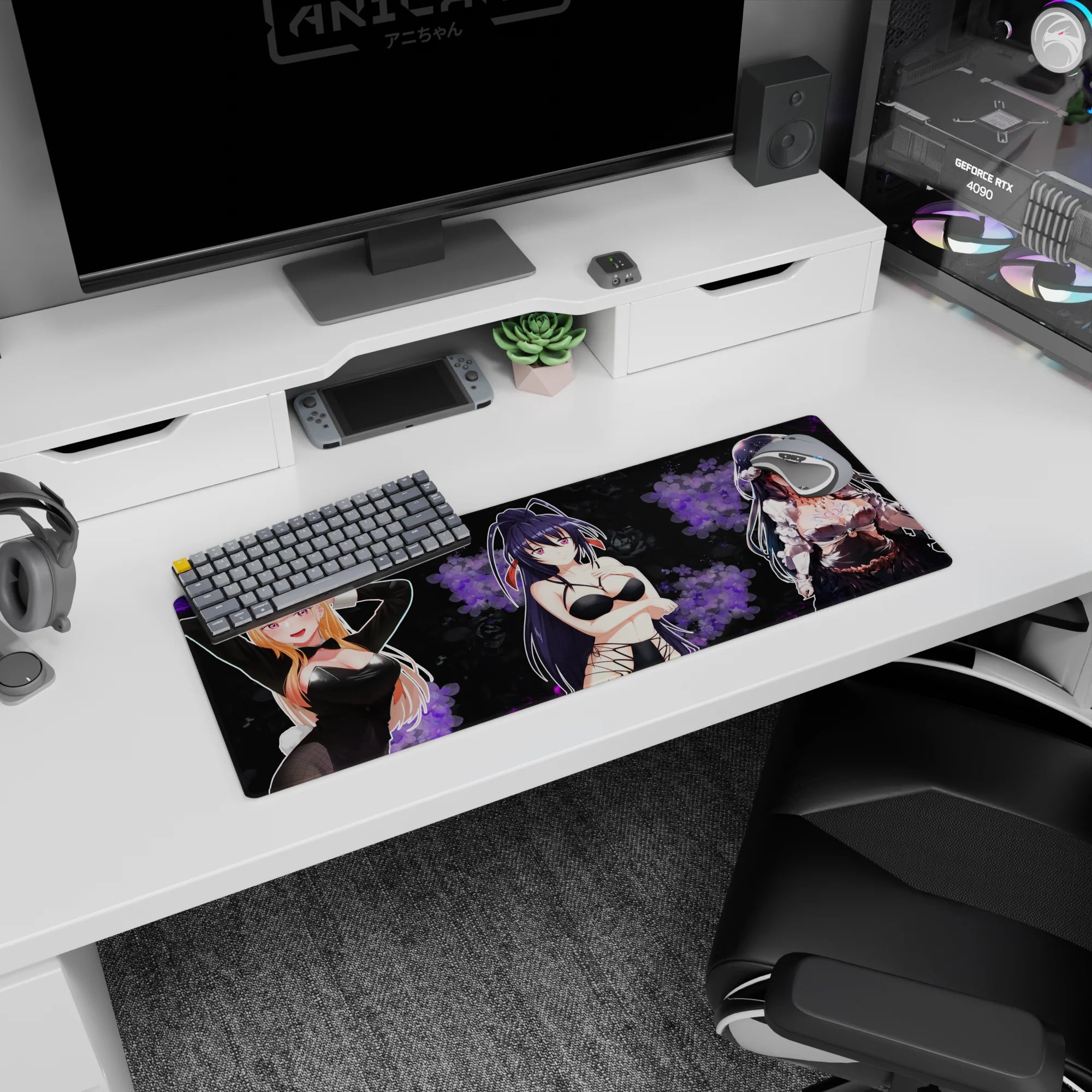32x12 inches anime mouse pad showing three girls: blonde bunny suit, ribboned brunette, and gothic queen in lace.