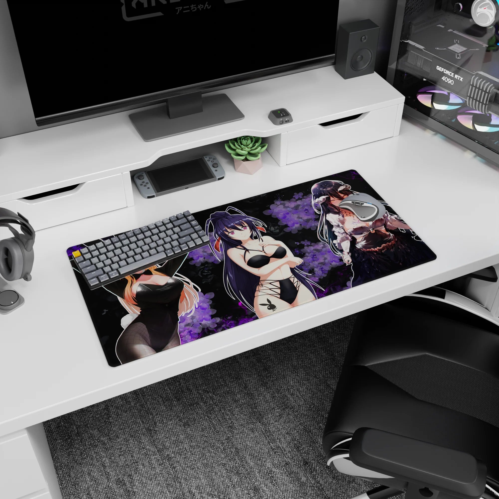 32x16 inches anime girl mouse pad featuring blonde bunny girl with two cute troublemakers in a lounge scene.