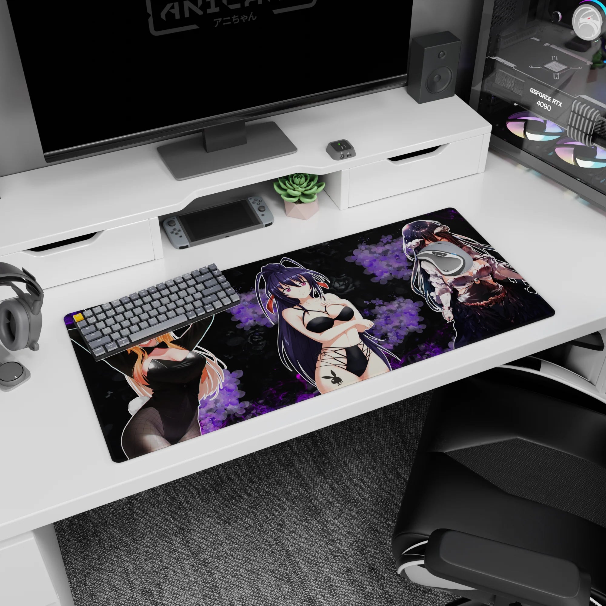 Anime girl desk pad 36x16 inches showing a blonde bunny-suit troublemaker with two stylish gothic companions.
