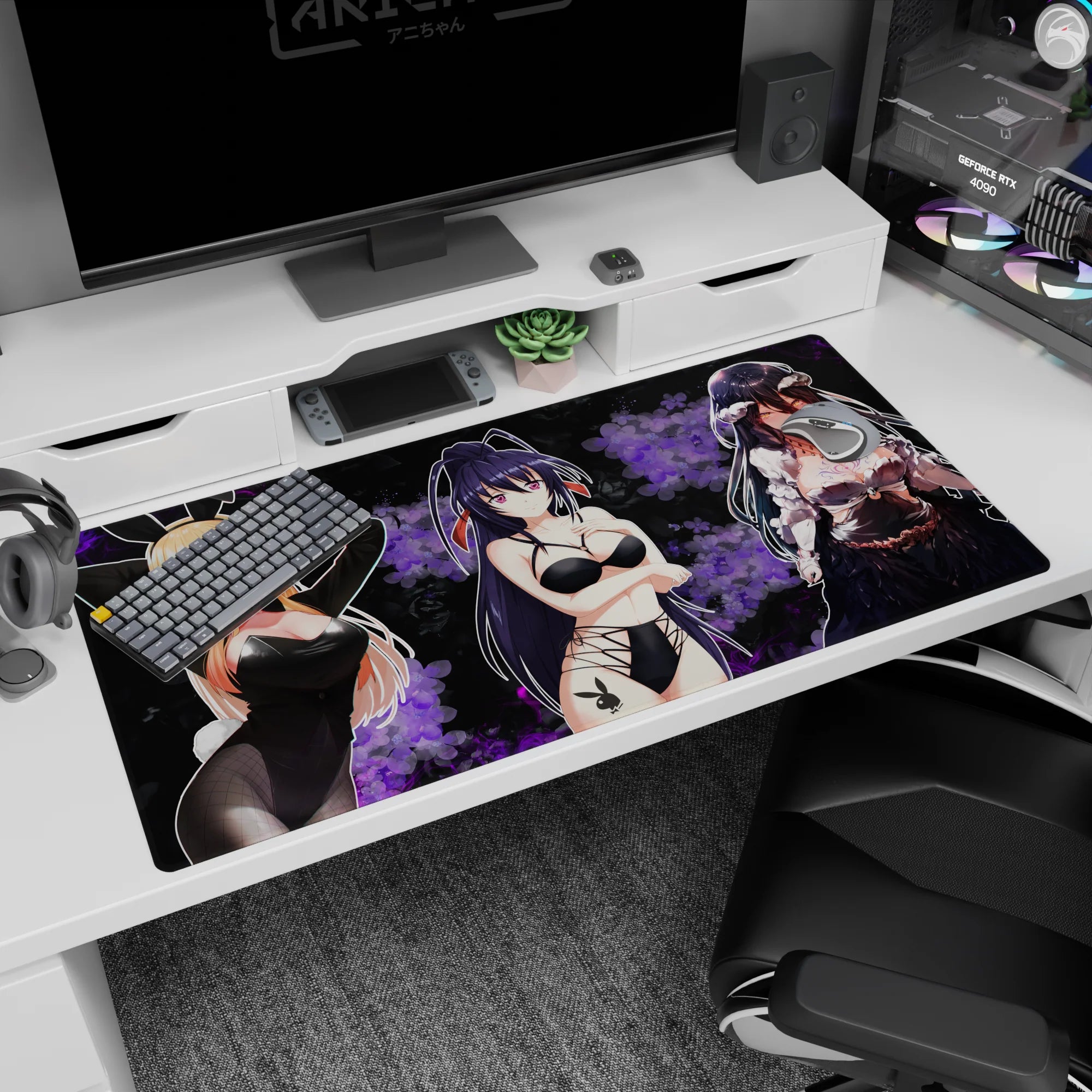 Anime girl desk pad 40x20 inches featuring bunny-suit blonde with two goth-chic friends in lace and ribbons.