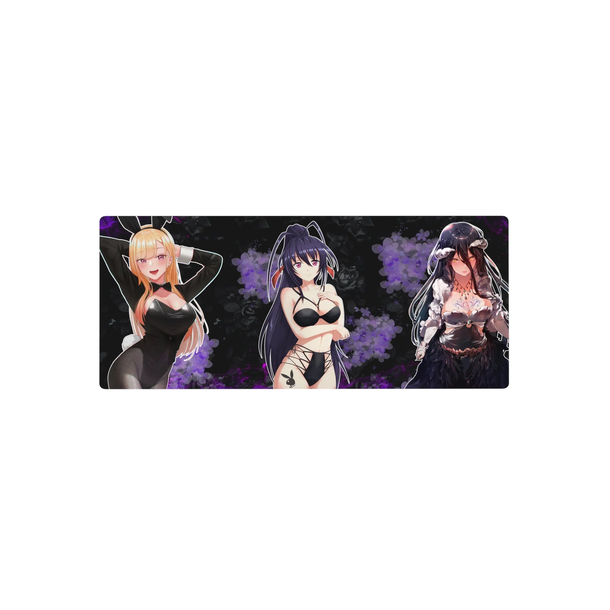 28x12 inches anime girl desk mouse pad with trio in bunny suit, ribbons, and lace, glossy poster-style art.