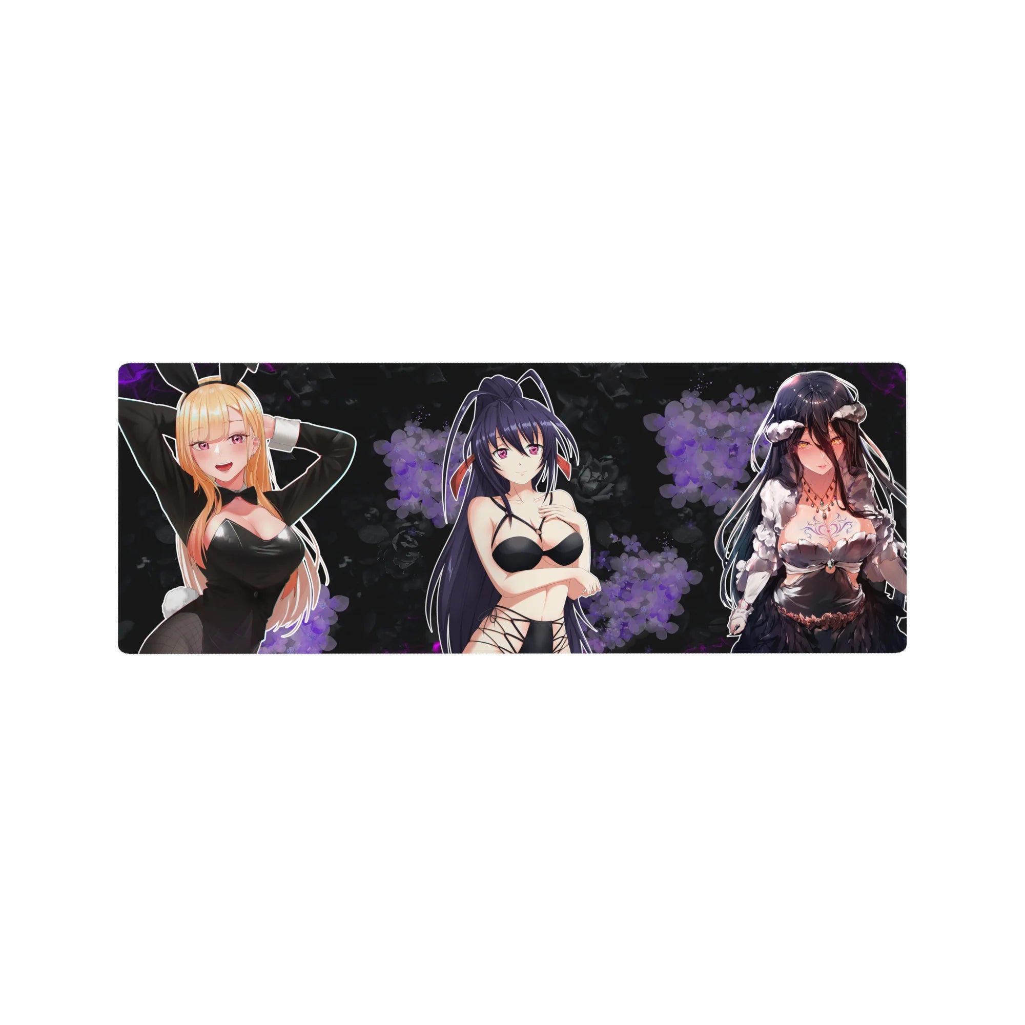 32x12 inches anime girl mouse pad with trio in bunny suit, ribbons, and gothic lace on a dark poster-like backdrop.