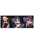 32x12 inches anime girl mouse pad with trio in bunny suit, ribbons, and gothic lace on a dark poster-like backdrop.