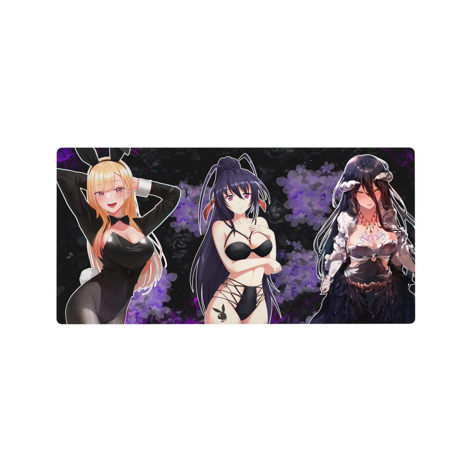 32x16 inches anime girl desk mouse pad with trio in bunny suit, ribbons, and gothic lace on dark backdrop.
