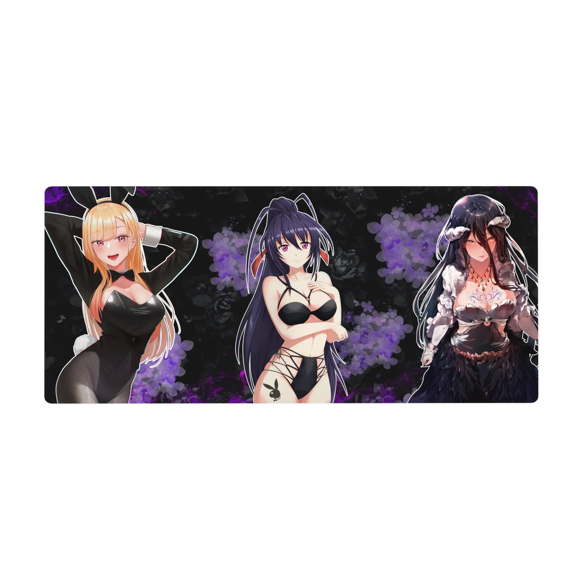 Anime girl desk pad 36x16 inches with trio in bunny suit, ribbons, and gothic lace, poster-style art.