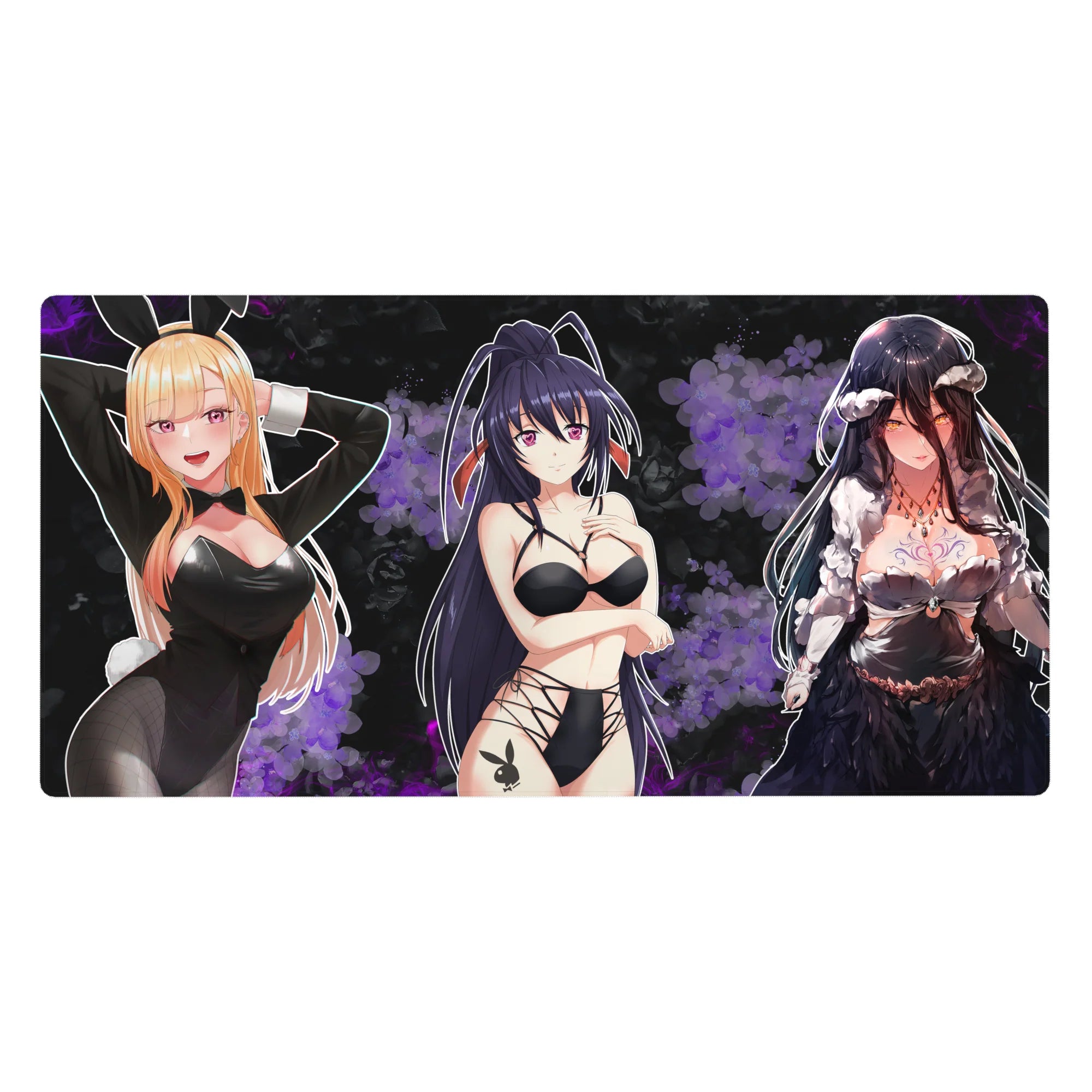 Anime girl desk pad 40x20 inches with three stylish heroines on a glossy, poster-like night backdrop.