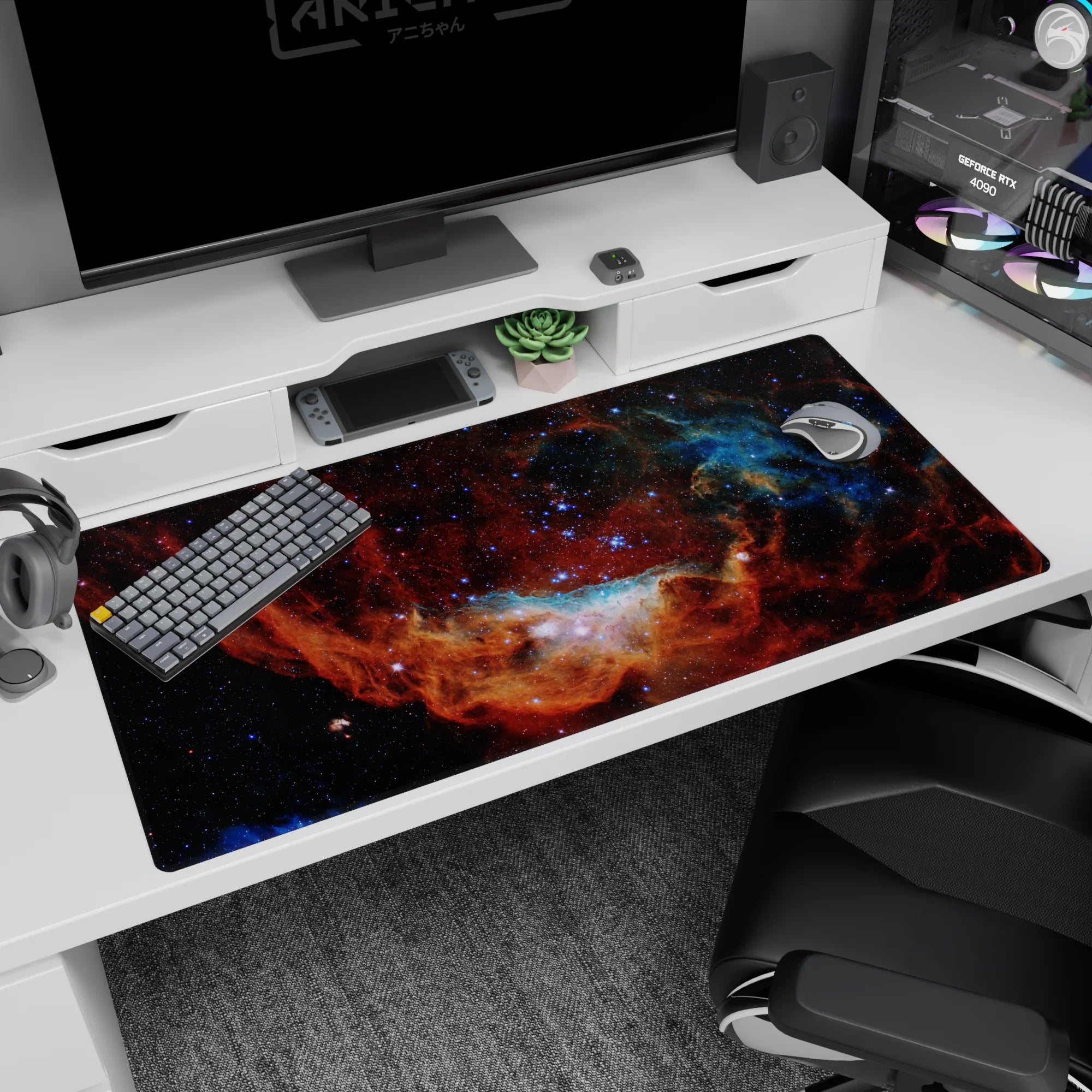 Starry nebula scene desk pad 40x20 inches with swirling clouds and tiny stars across a galaxy backdrop.