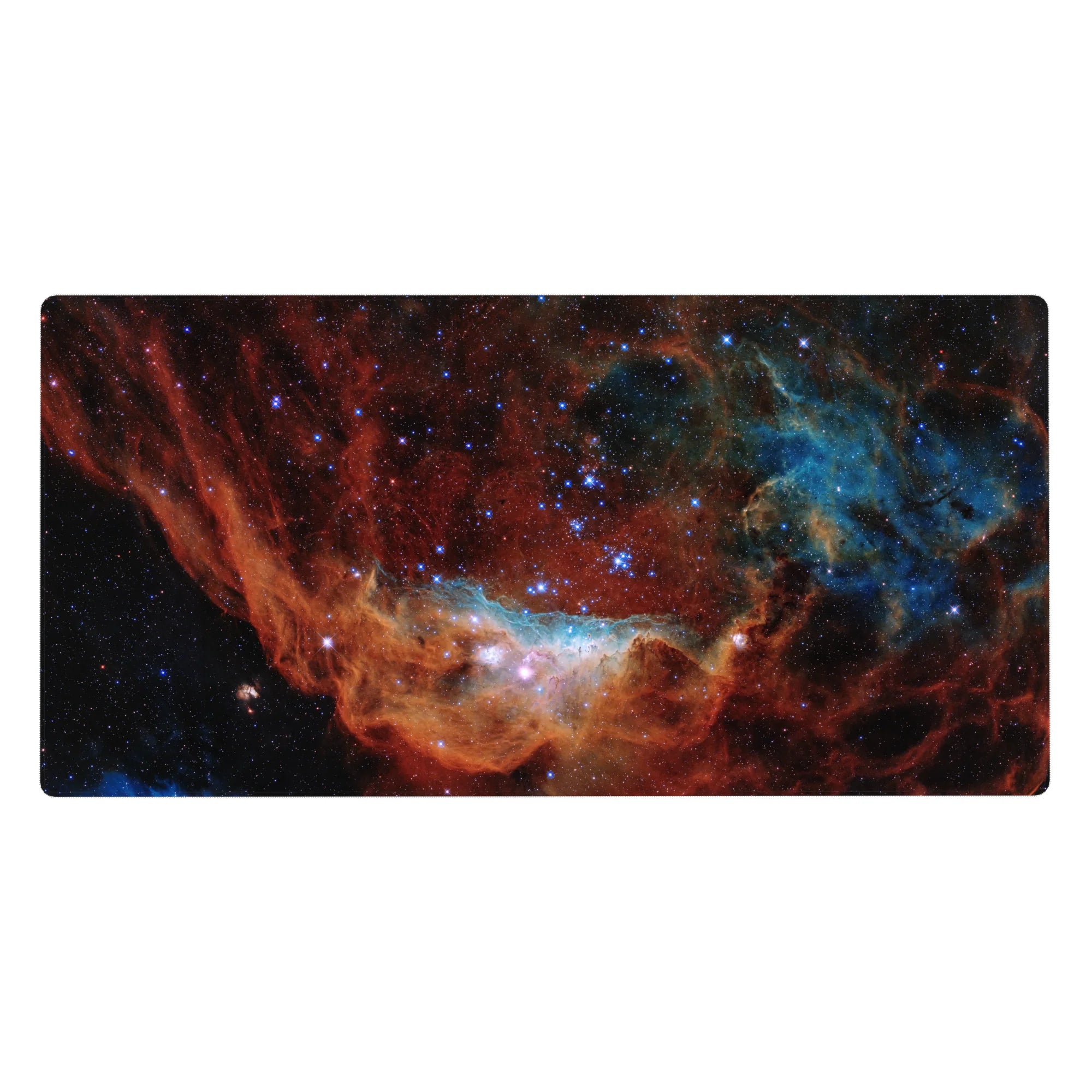 Nebula swirl desk pad 40x20 inches with scattered star specks, cosmic abstract print for desk setup.