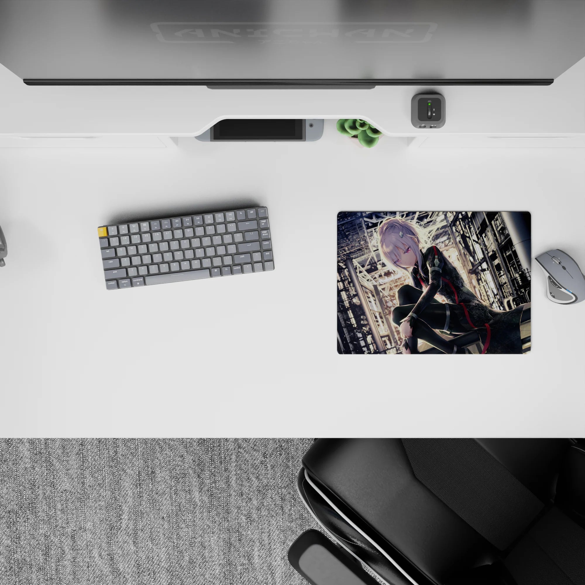 Anime girl mouse pad 14x10 inches in dark cyber-noir tones, black and red outfit, pale glow, violet eyes.