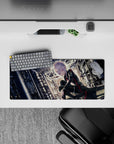 Dark cyberpunk anime girl mouse pad 28x12 inches in black with red trim, violet eyes, moody glow.