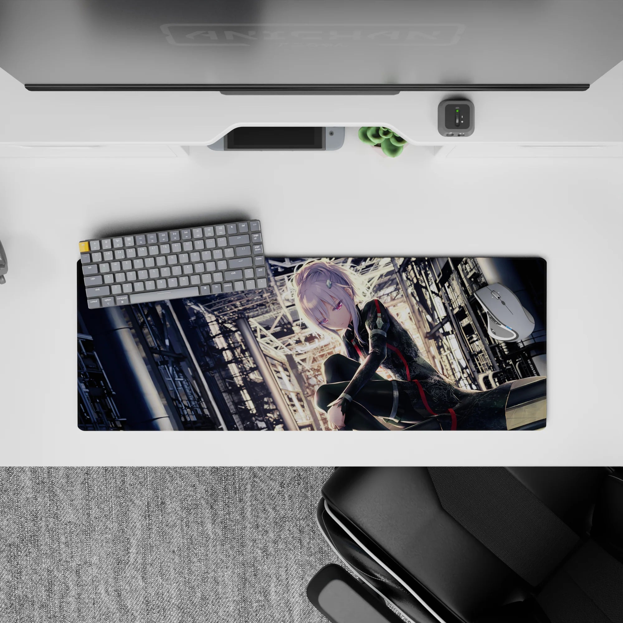 Moody cyberpunk desk mat 32x12 inches in pale light, violet eyes, silver hair glow, noir shadows.