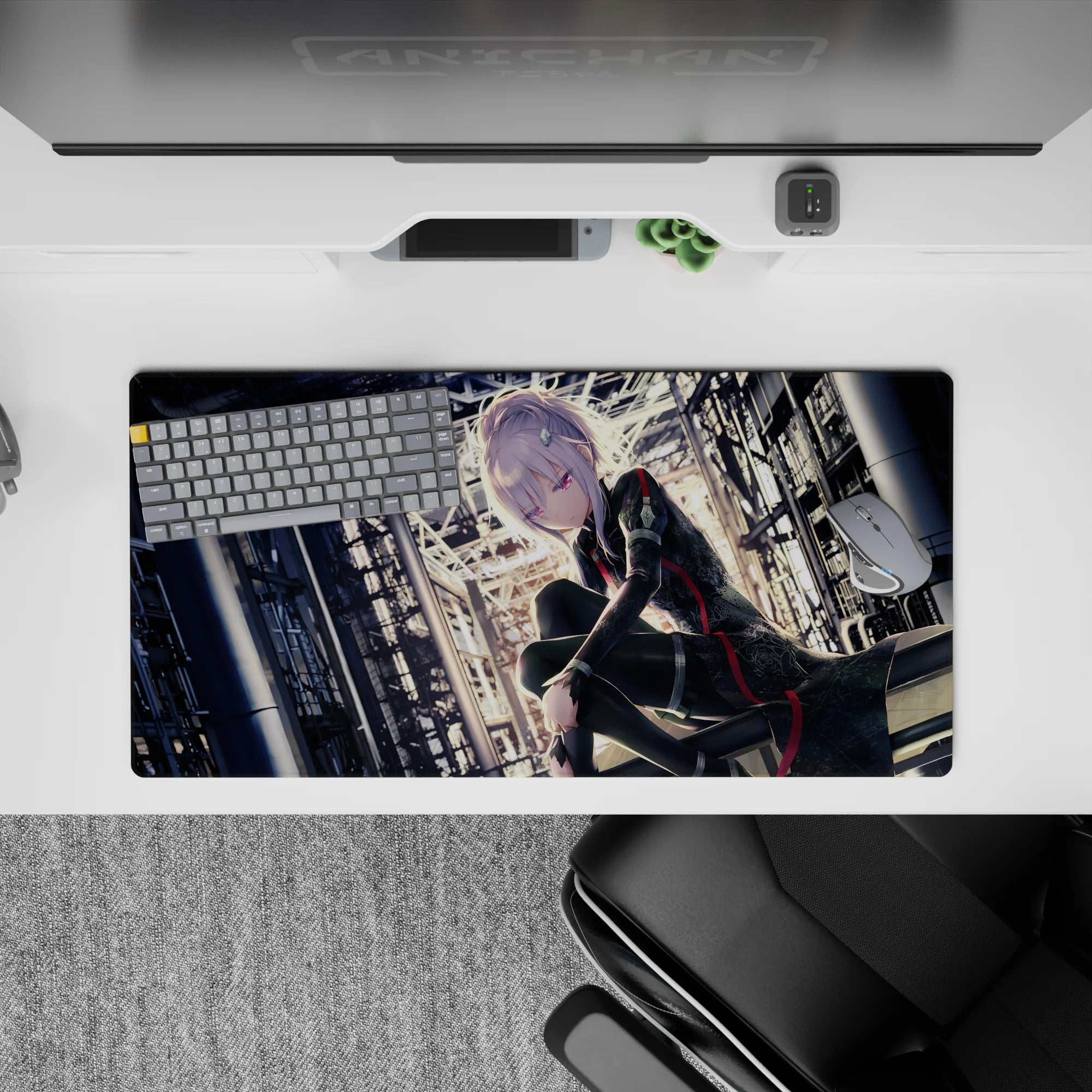 Dark cyberpunk anime girl mouse pad 32x16 inches in black with red trim, violet eyes, pale moody light.