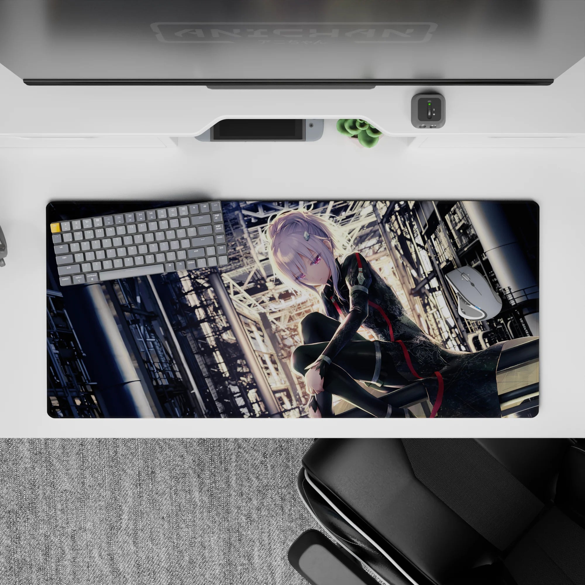 Moody black-and-red anime desk pad 36x16 inches with pale glow, violet eyes, and cyberpunk noir vibe.