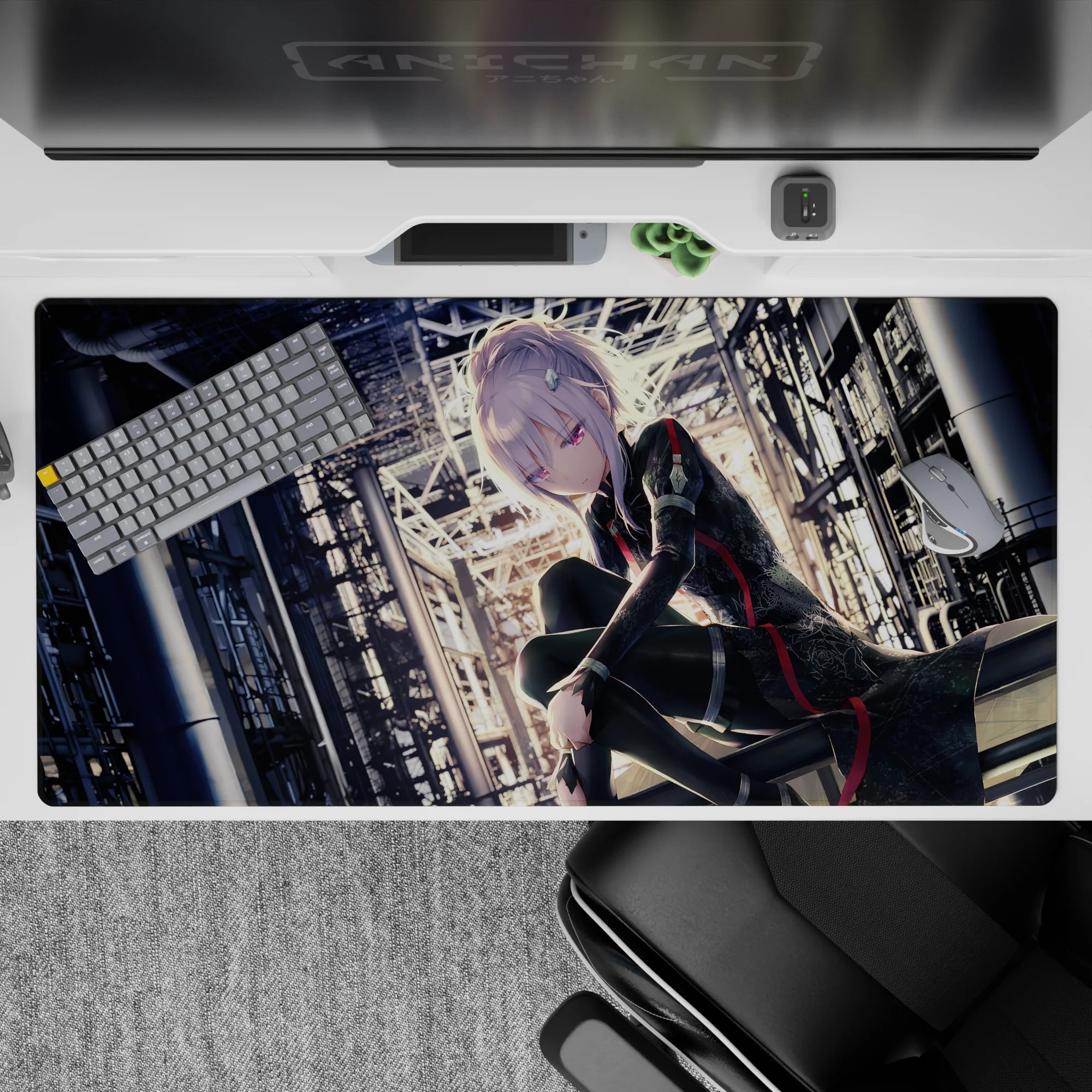 Cyber-noir anime desk pad 40x20 inches in black and red with pale light, violet eyes, moody steel beams.