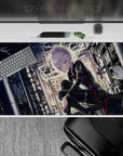 Cyber-noir anime desk pad 40x20 inches in black and red with pale light, violet eyes, moody steel beams.