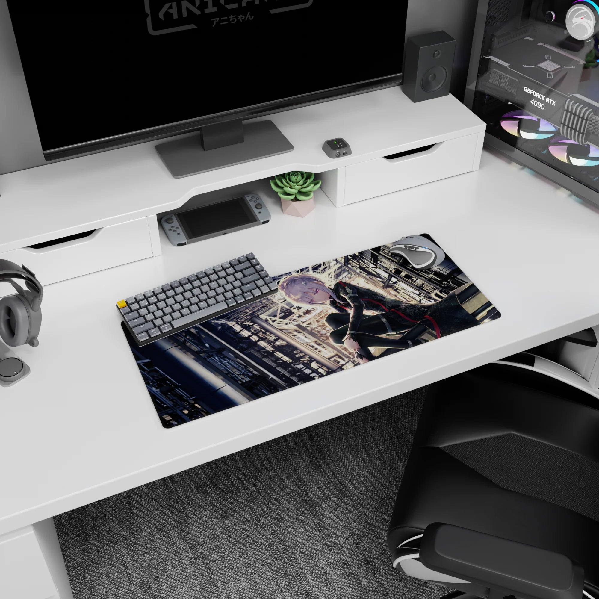 Silver-haired anime girl staring forward on mouse pad 28x12 inches, soft halo hair, steel skyline.