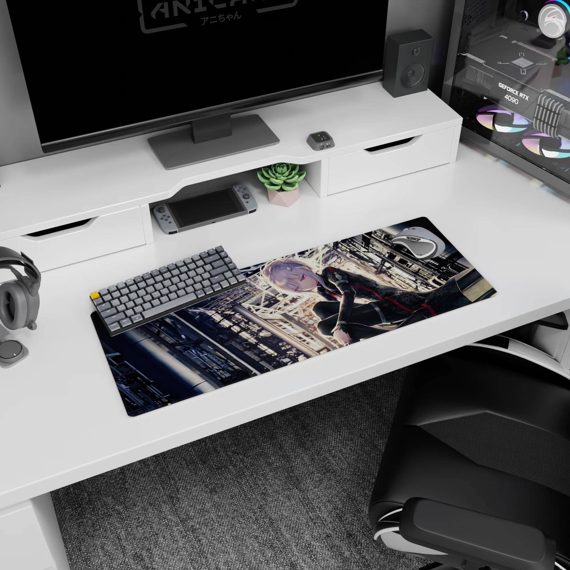 Silver-haired anime girl staring forward in industrial city scene mouse pad 32x12 inches.