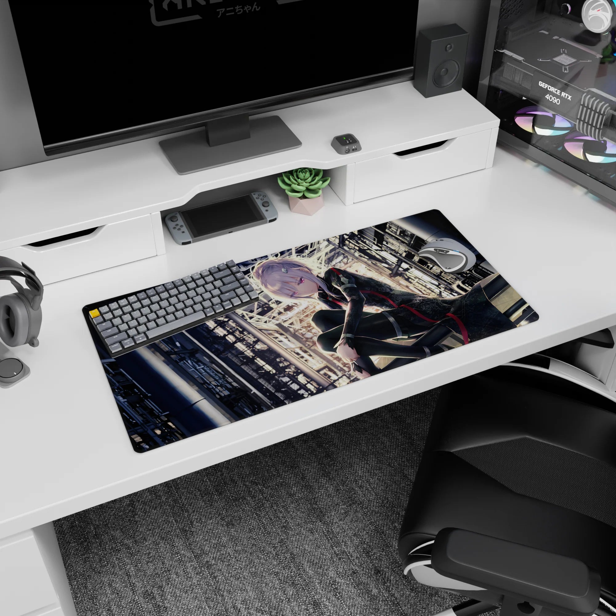 Silver-haired anime girl staring forward on mouse pad 32x16 inches, soft glowing hair in a steel-beam scene.