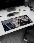 Silver-haired anime girl staring forward on mouse pad 32x16 inches, soft glowing hair in a steel-beam scene.
