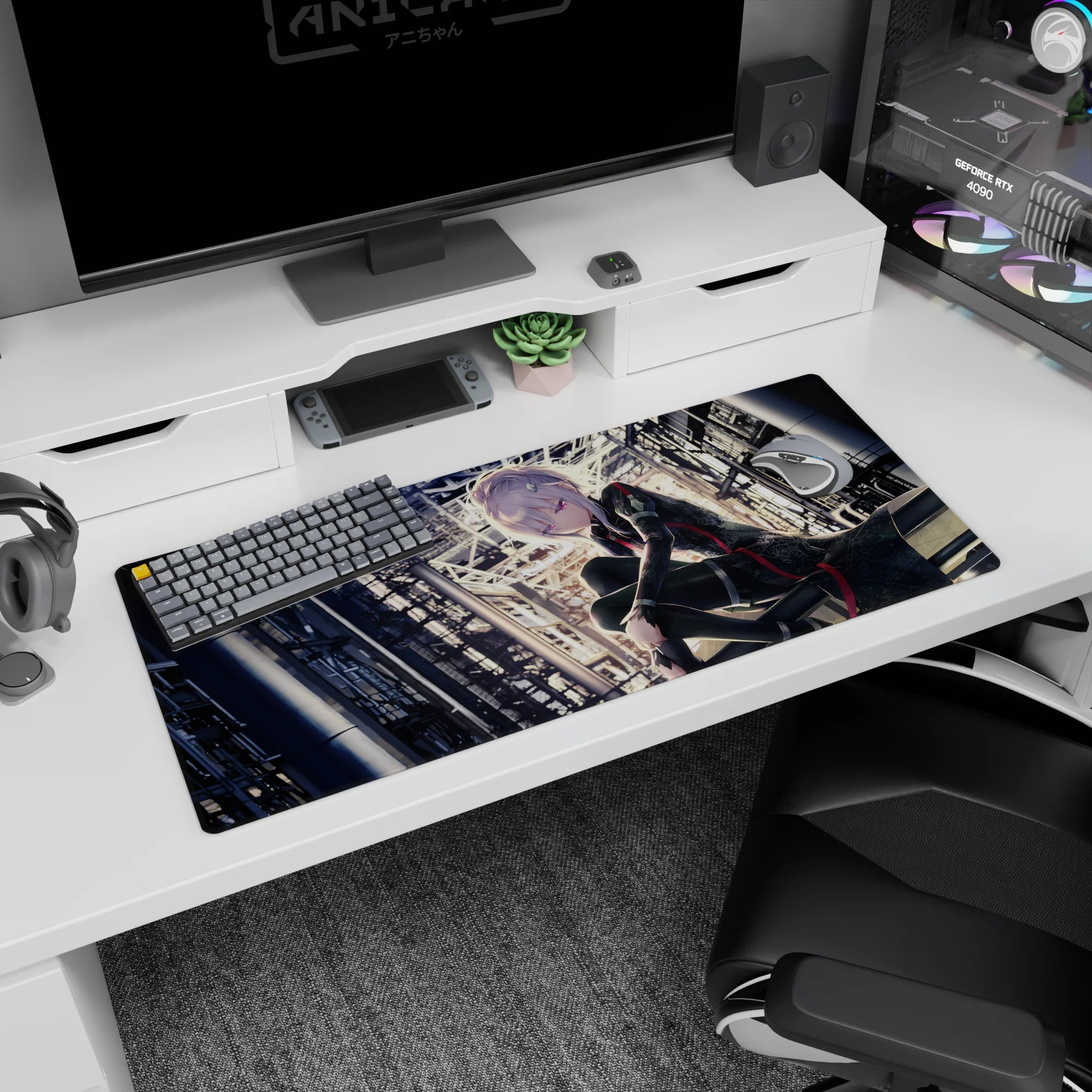 Silver-haired anime girl staring forward on desk pad 36x16 inches, black outfit with red trim in shadows.