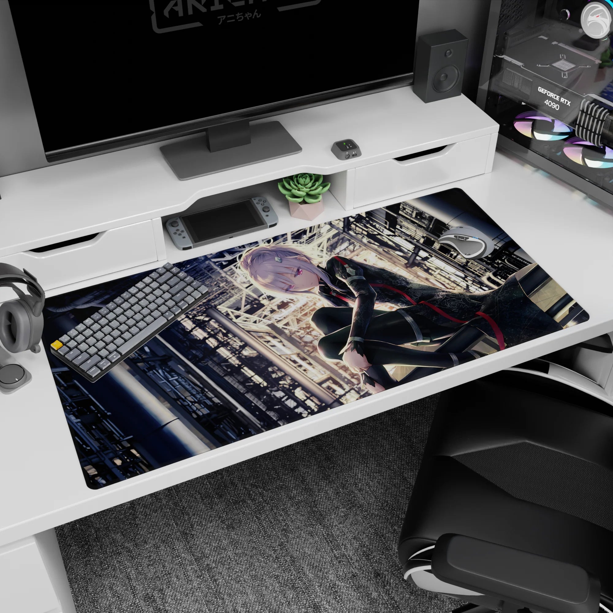 Silver-haired anime girl desk pad 40x20 inches, staring forward in black outfit with red trim and soft glow.
