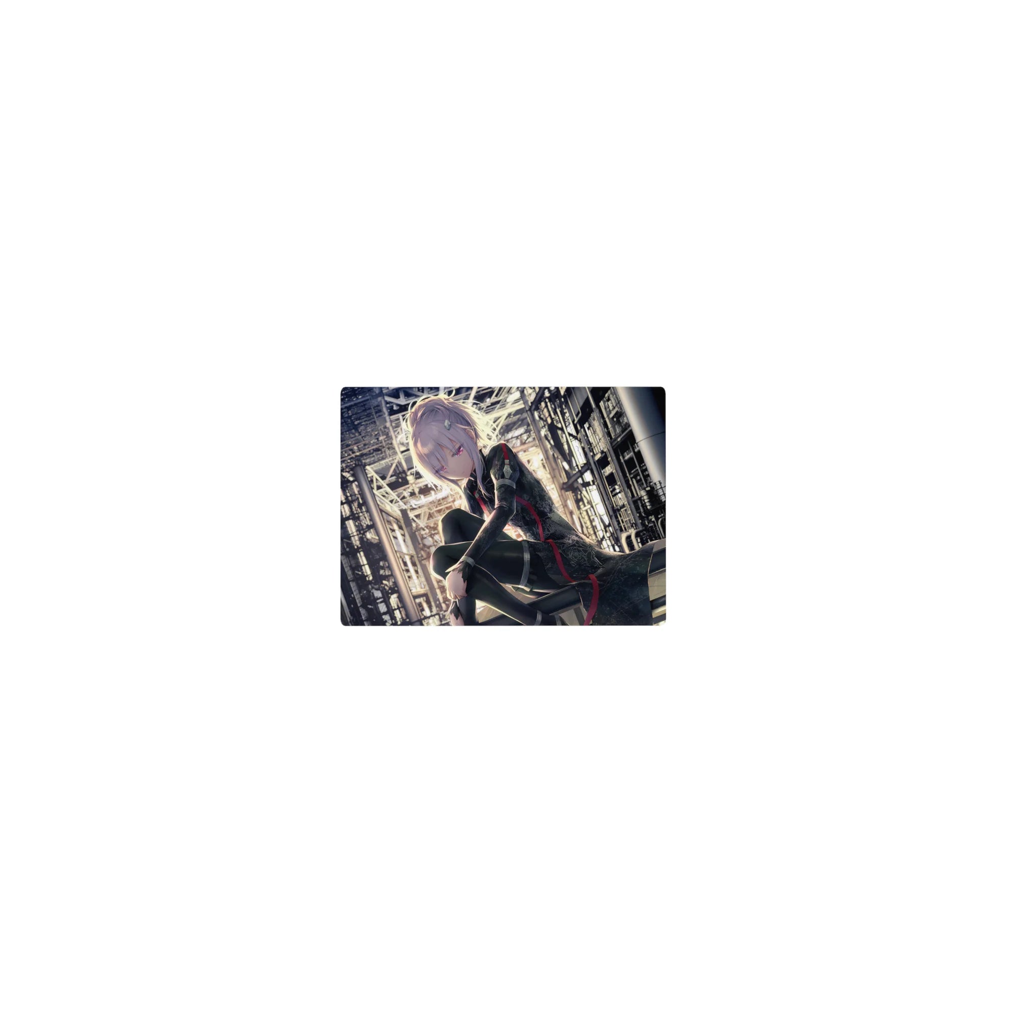 Classic anime girl mouse pad 14x10 inches with cyber-noir skyline, steel beams, and crisp industrial detail.