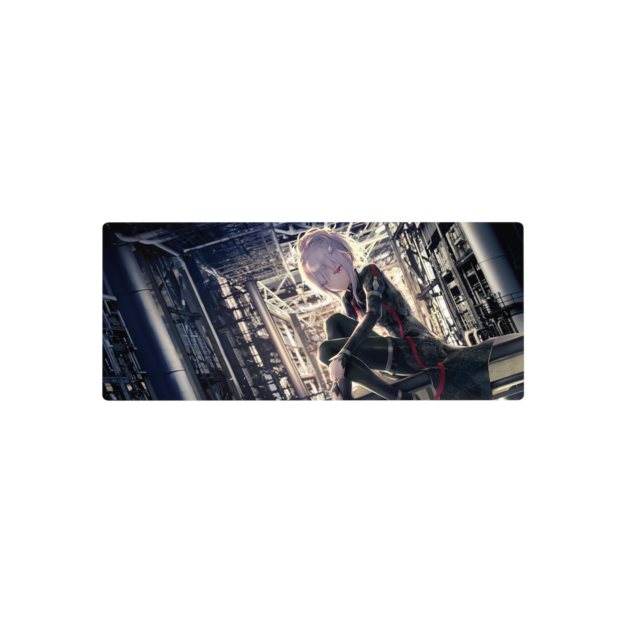 Cyber-noir anime girl desk mouse pad 28x12 inches with industrial steel beams and pale city light.