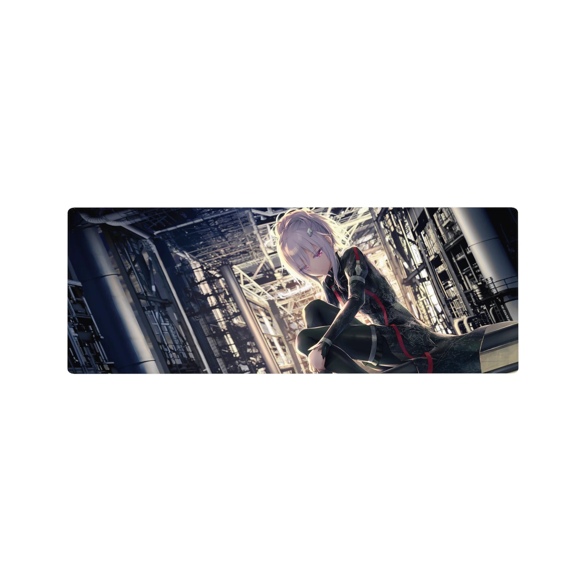 Cyber-noir anime girl mouse pad 32x12 inches with steel beams skyline, black outfit and red trim.