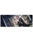 Cyber-noir anime girl mouse pad 32x12 inches with steel beams skyline, black outfit and red trim.