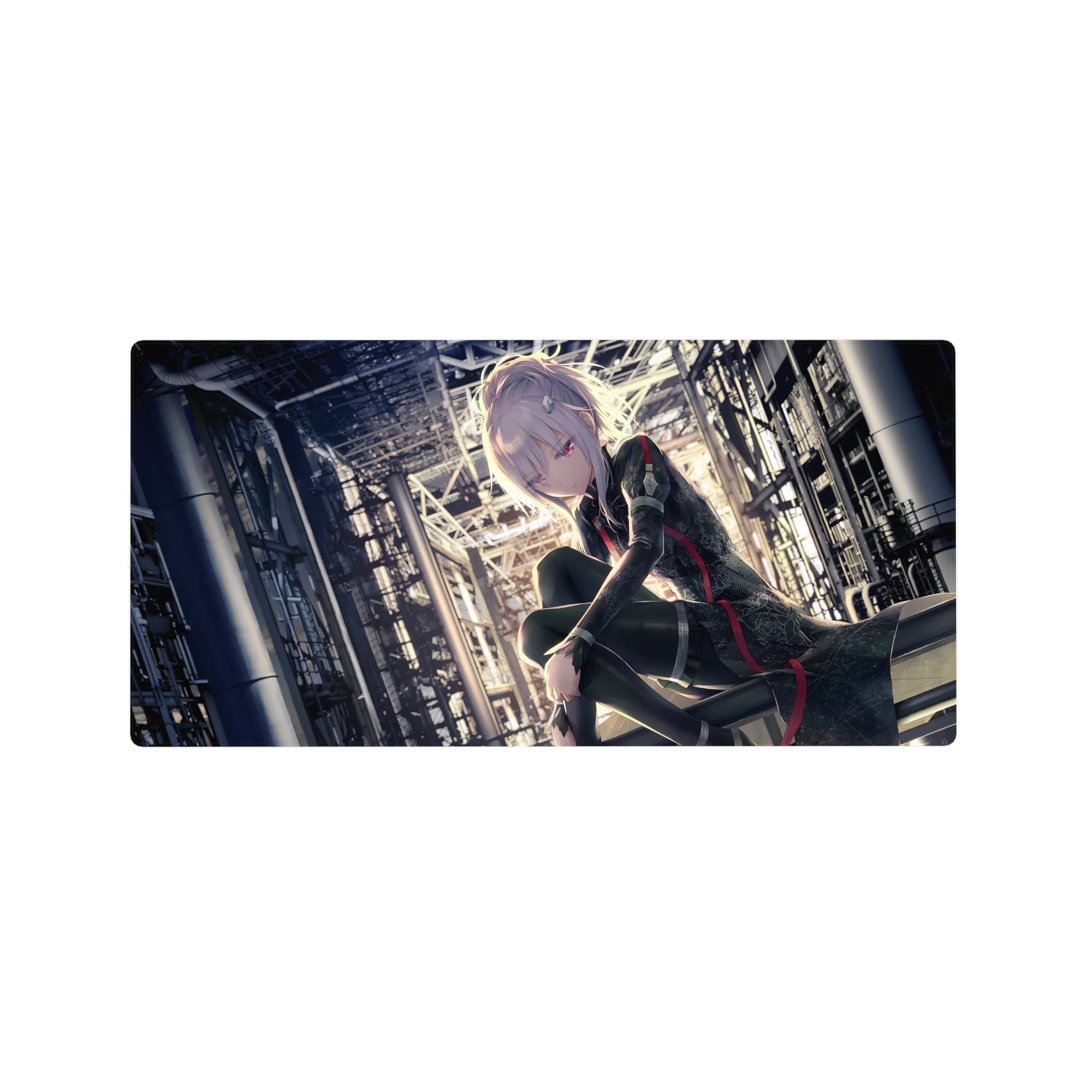 Cyber-noir anime girl mouse pad 32x16 inches with industrial steel beams and cinematic skyline backdrop.