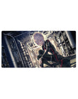 Cyber-noir anime girl mouse pad 32x16 inches with industrial steel beams and cinematic skyline backdrop.