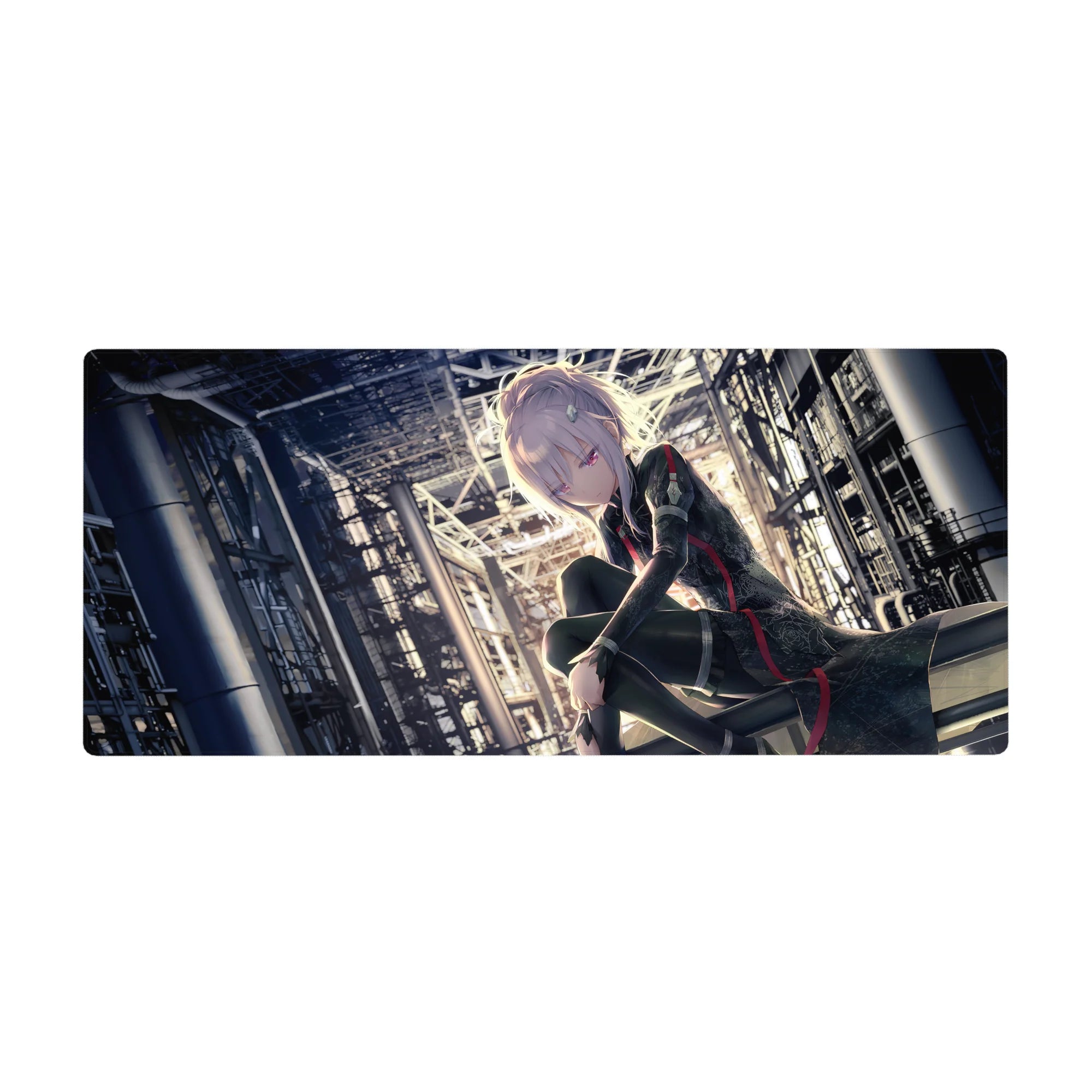 Cyber-noir anime girl desk pad 36x16 inches with industrial steel beams and cinematic city backdrop.