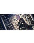 Cyber-noir anime girl desk pad 36x16 inches with industrial steel beams and cinematic city backdrop.